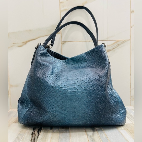 Coach Navy Blue Iridescent Python Embossed Leather Tote F36627 - Picture 2 of 16